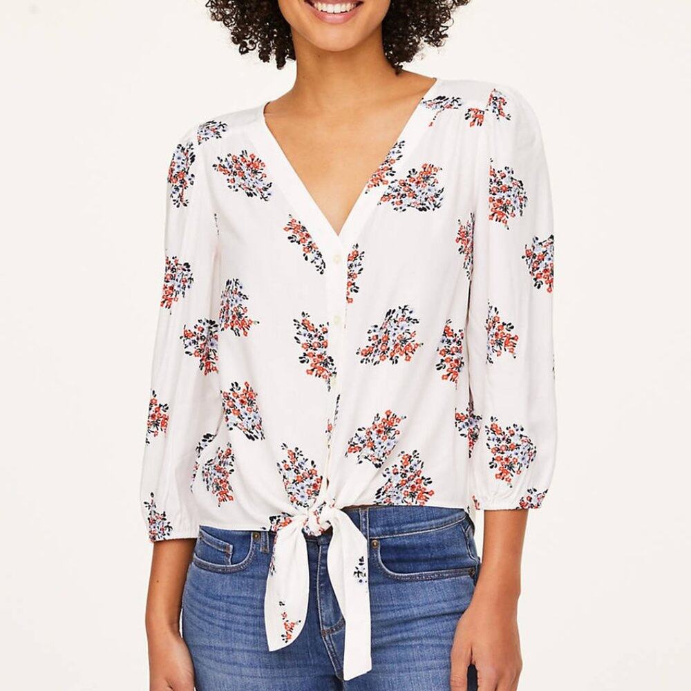 LOFT White Floral Knot Front Shirt - Picture 2 of 9